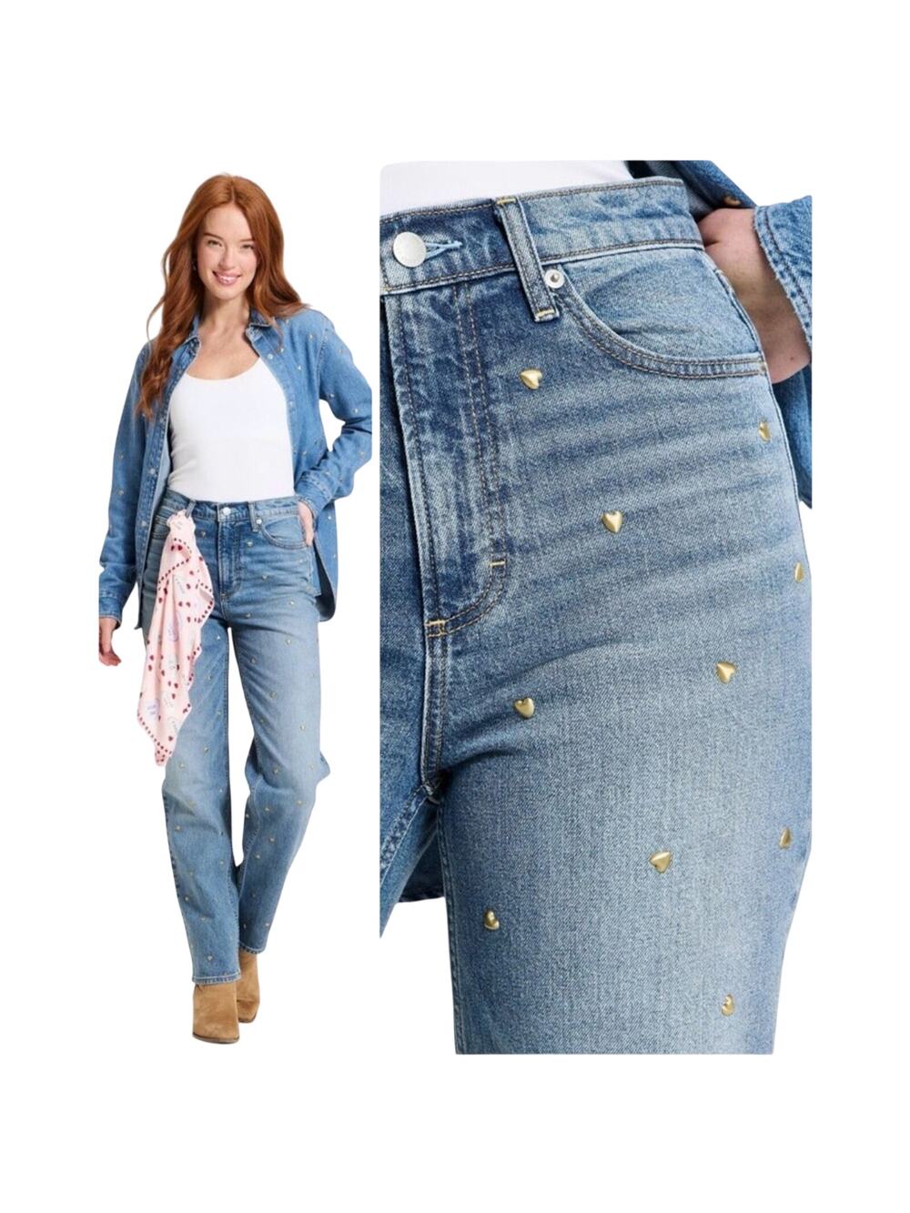 NWT Highest-Rise Vintage Straight Metallic Hearts Embellished Stretch Jeans 4L